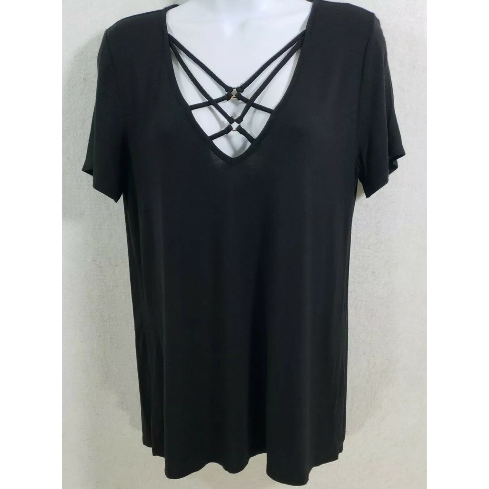 West Coast Love Shirt Women's Criss Cross Neck Short Sleeve Stretch Black Small